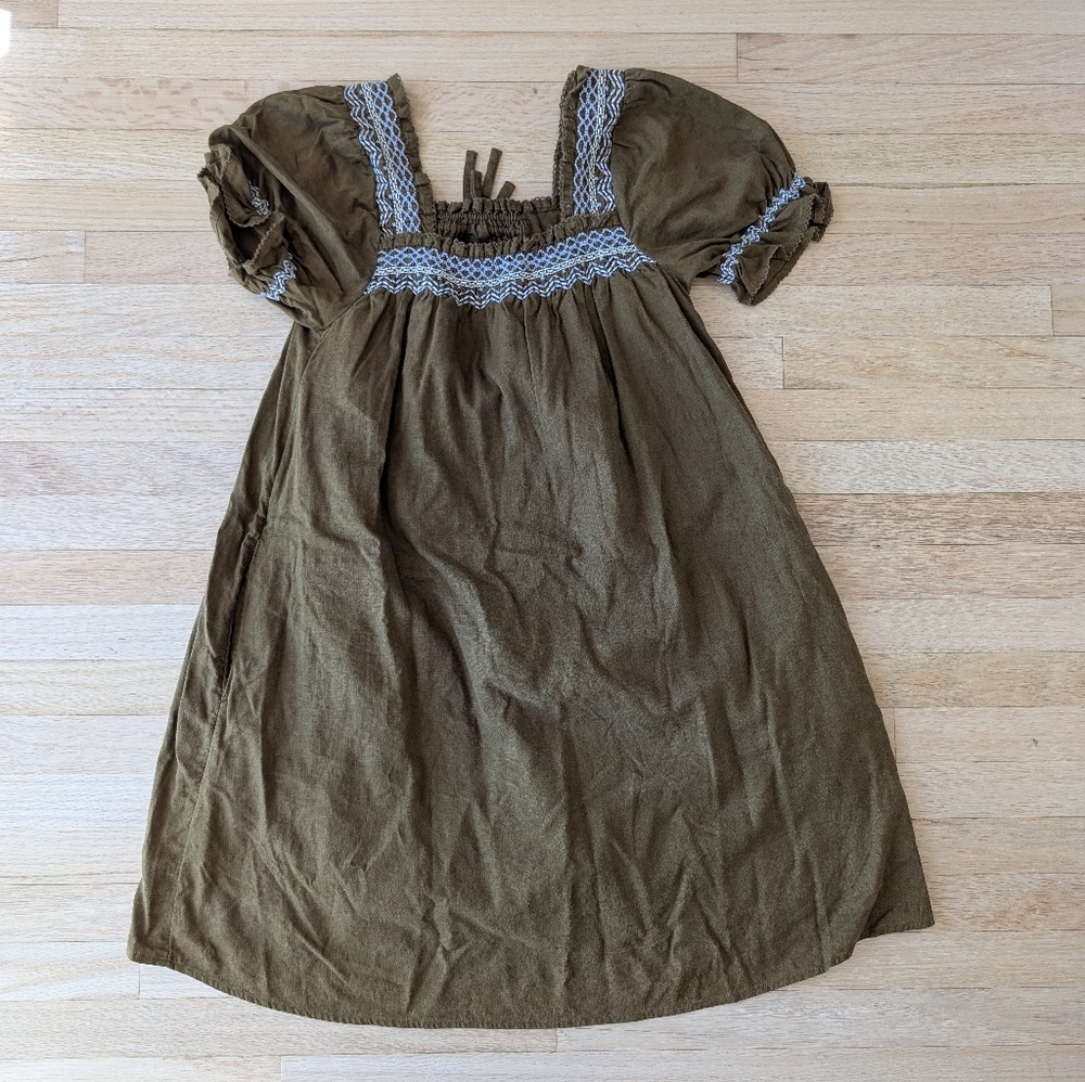 Madewell Womens Smocked Neck Linen Olive Green Puff-Sleeve Mini Dress Sz XXS